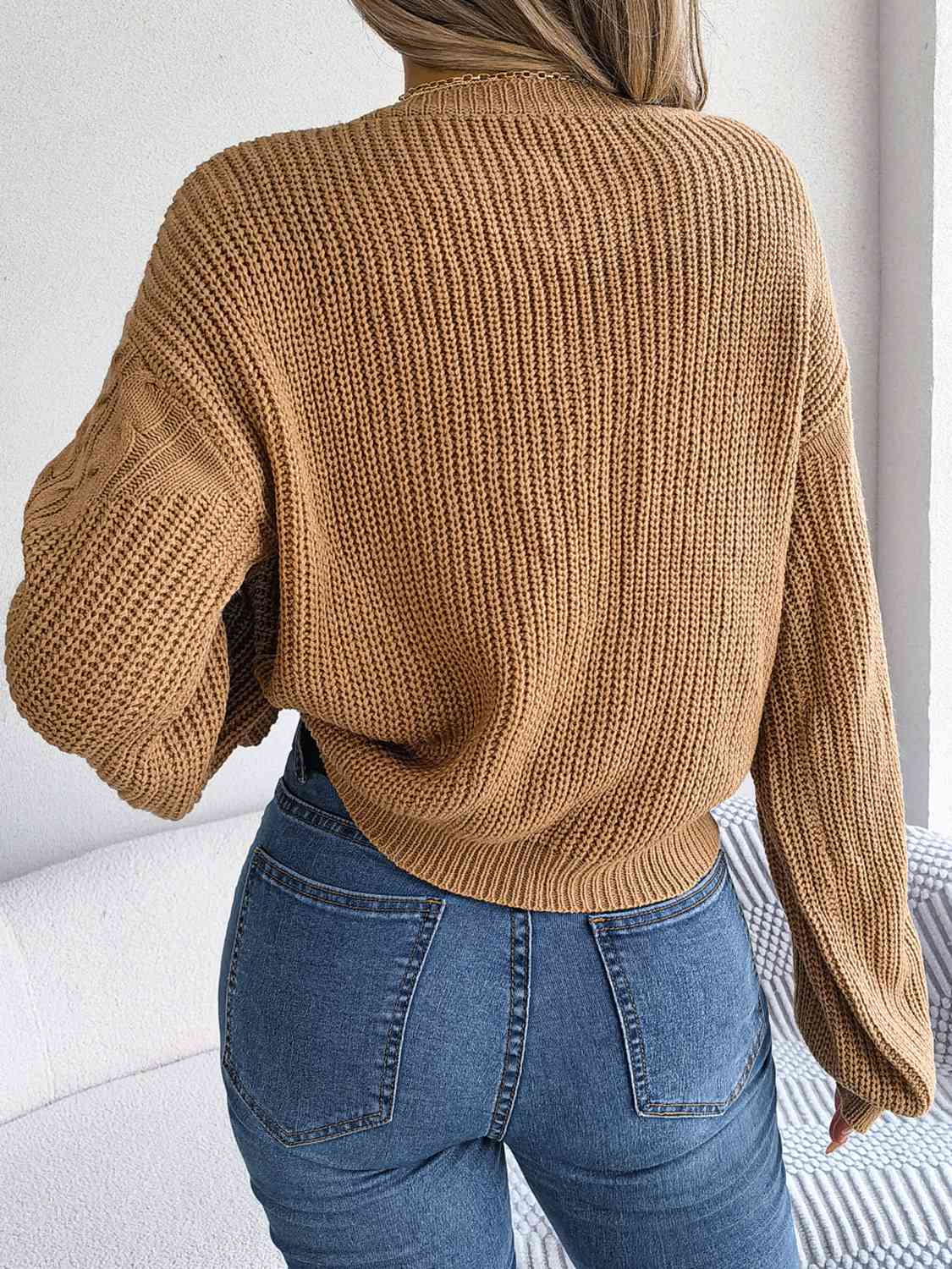 Cable-Knit Round Neck Drop Shoulder Sweater 3 colors