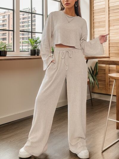 Ribbed Round Neck Top and Drawstring Pants Set