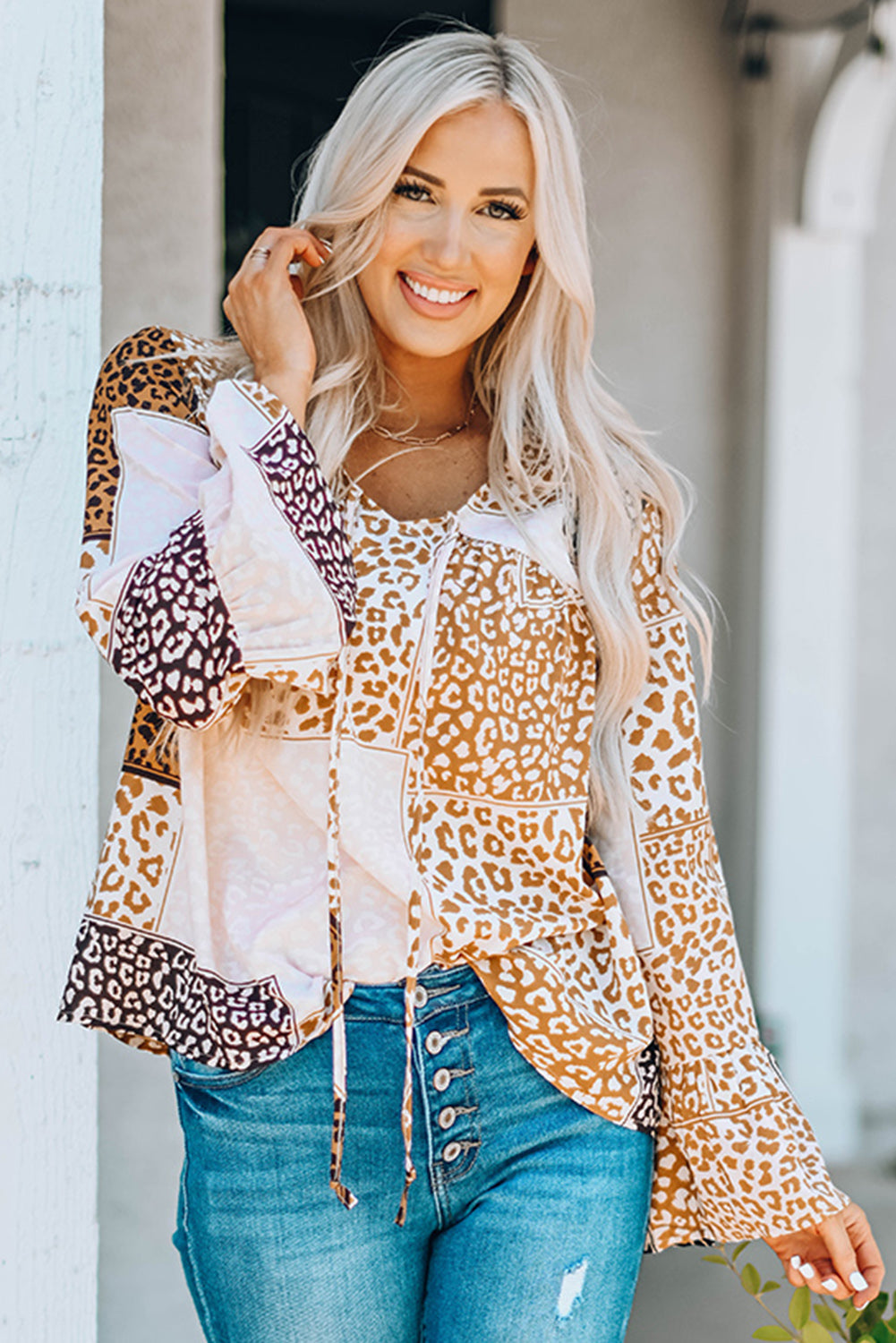Leopard Patchwork Tied Flare Sleeve Blouse
