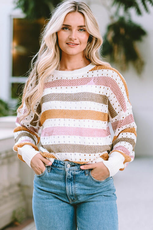 Openwork Striped Round Neck Long Sleeve Knit Top 2 colors