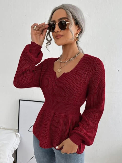 Notched Dropped Shoulder Knit Top 4 colors