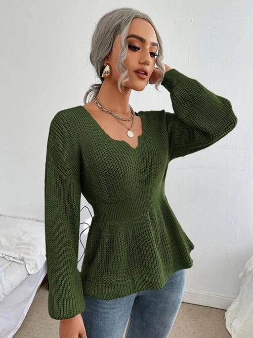 Notched Dropped Shoulder Knit Top 4 colors