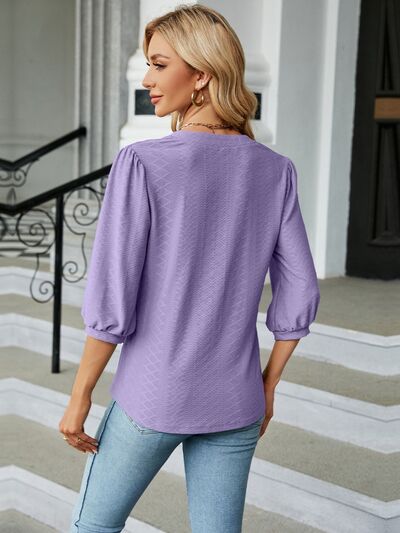 Textured Notched Three-Quarter Sleeve Blouse