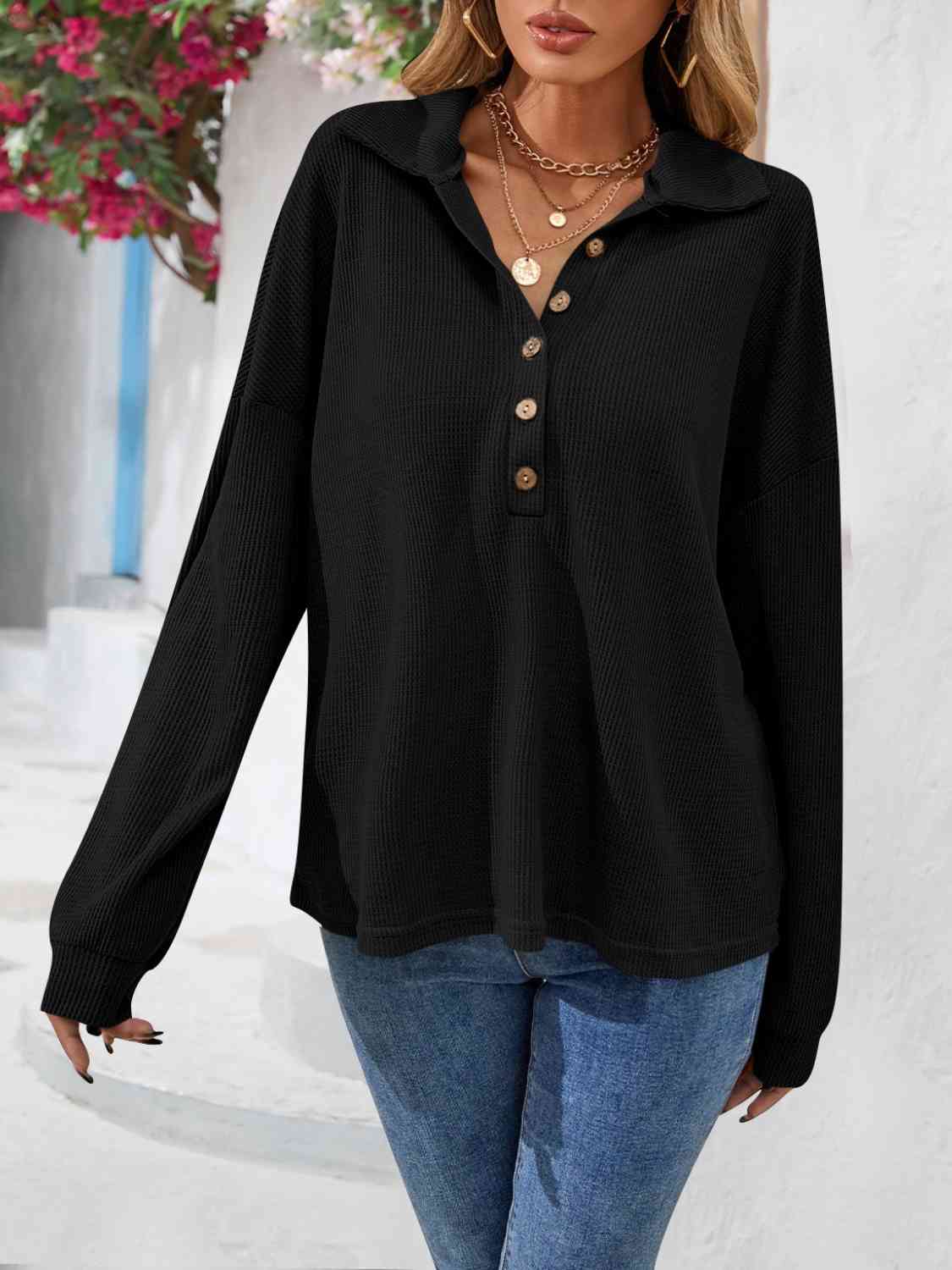 Half Button Collared Neck Long Sleeve Top