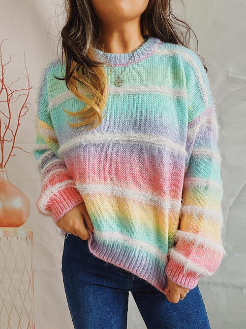 Striped Round Neck Long Sleeve Sweater 4 colors