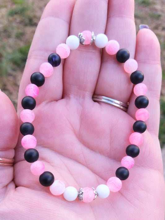 Pink Agate, White & Black Onyx Crystal Bracelet